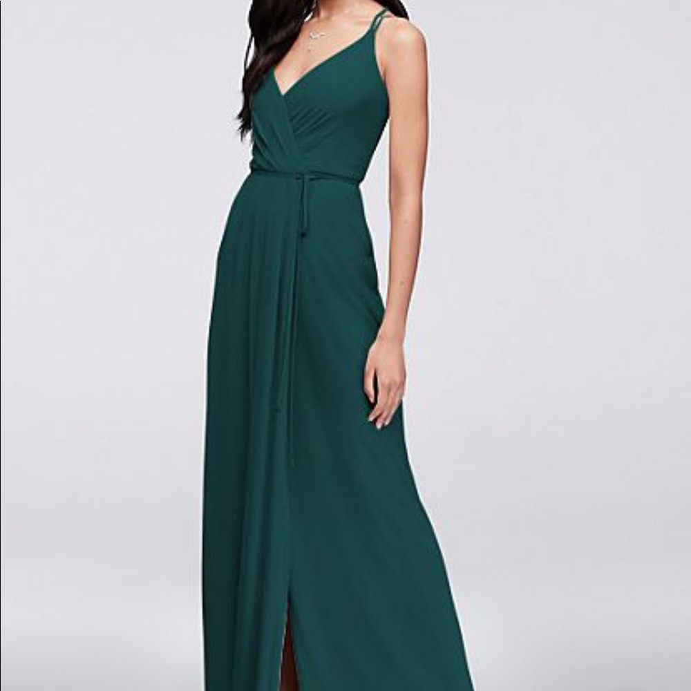 David’s Bridal Double-Strap Long Georgette Bridesmaid Wrap Dress in Gem